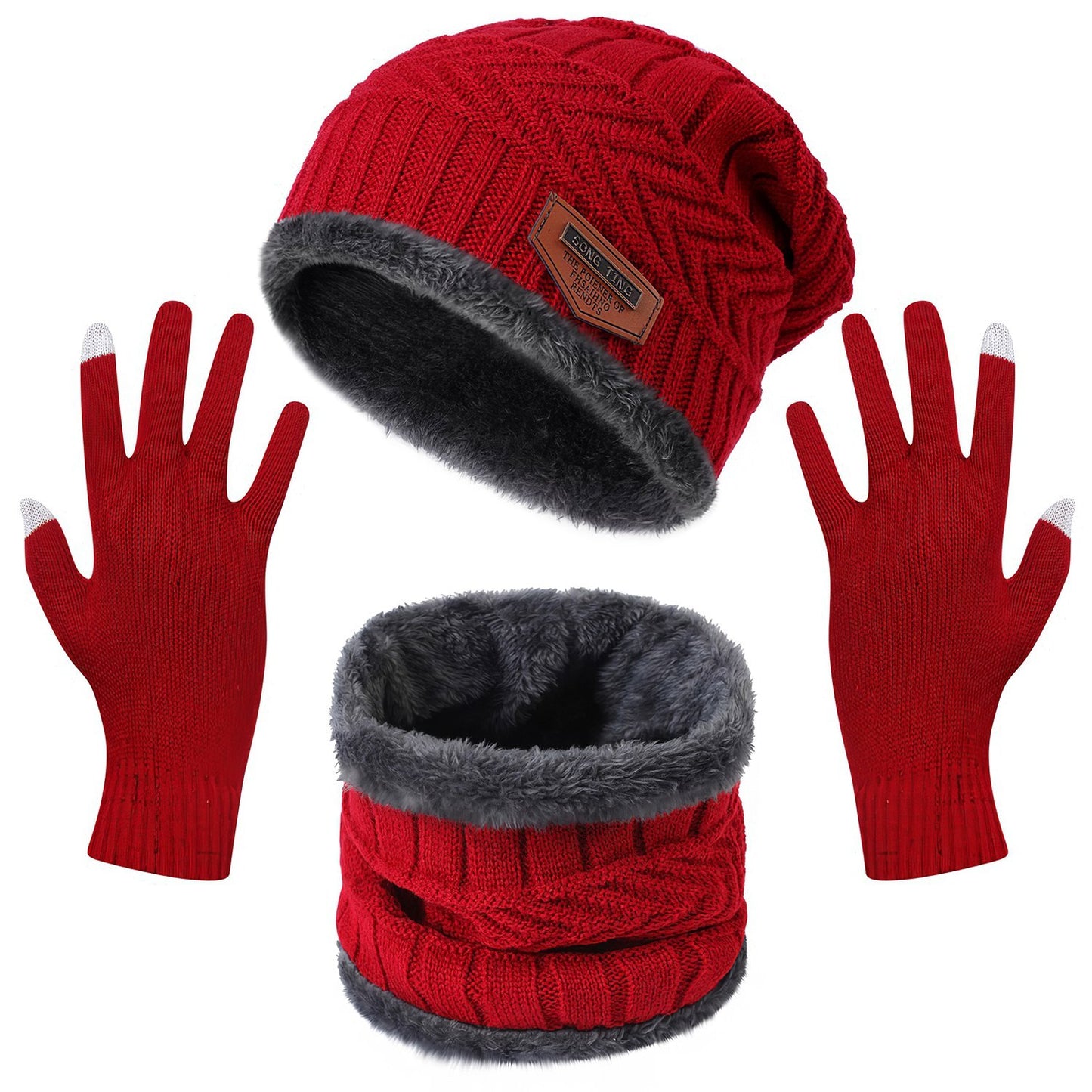 3Pcs Winter Knitted Hat Scarf Gloves Winter Warm Beanie and Touch Screen Glove