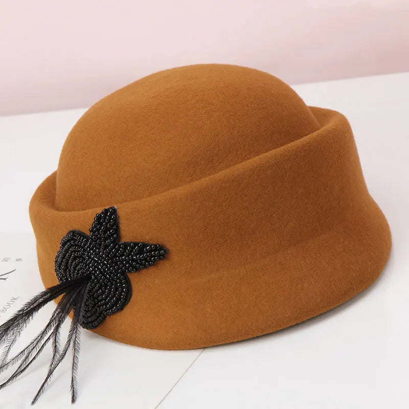 H734 Fedoras Hat Women Autumn Winter British Fashion Retro Wool Feather Cap Lady
