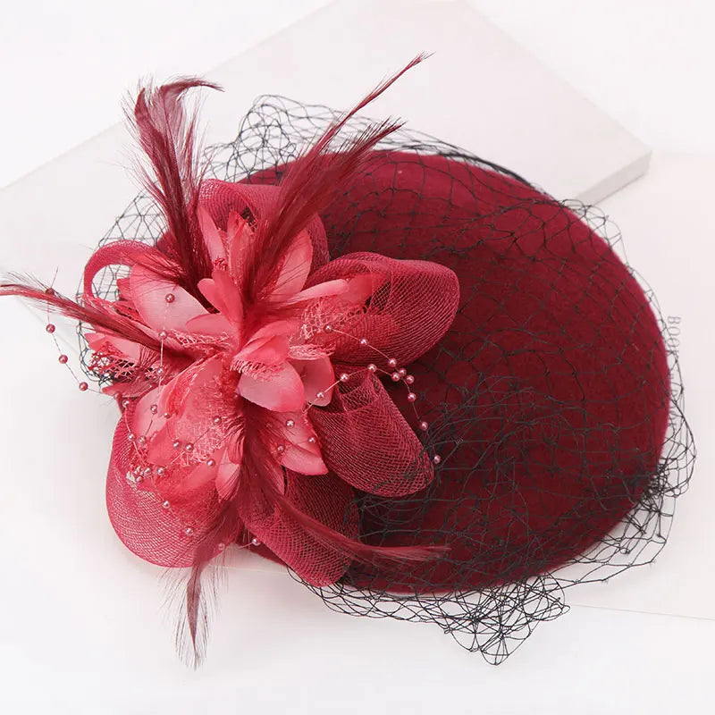 H297 Women's Hat Elegant Flower Gauze Mesh Wool Cap