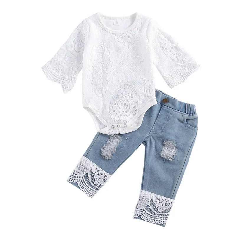 New Fashion 0-24M Baby Girls Fall Clothes Long Sleeve Lace Romper Suit 2Pcs