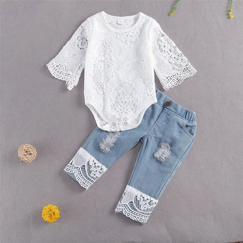New Fashion 0-24M Baby Girls Fall Clothes Long Sleeve Lace Romper Suit 2Pcs