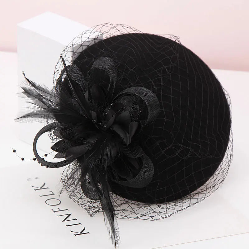 H297 Women's Hat Elegant Flower Gauze Mesh Wool Cap