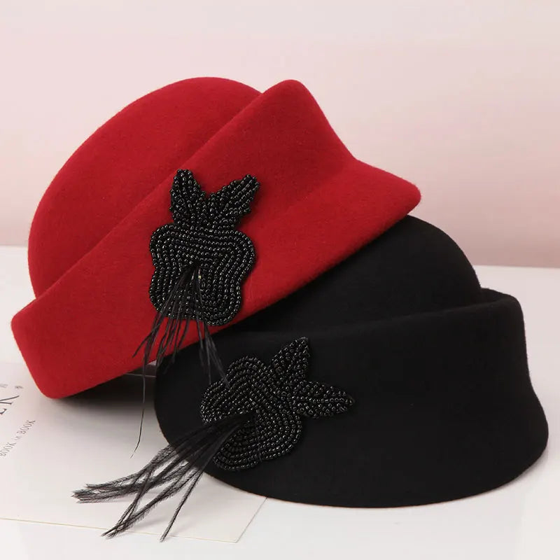 H734 Fedoras Hat Women Autumn Winter British Fashion Retro Wool Feather Cap Lady