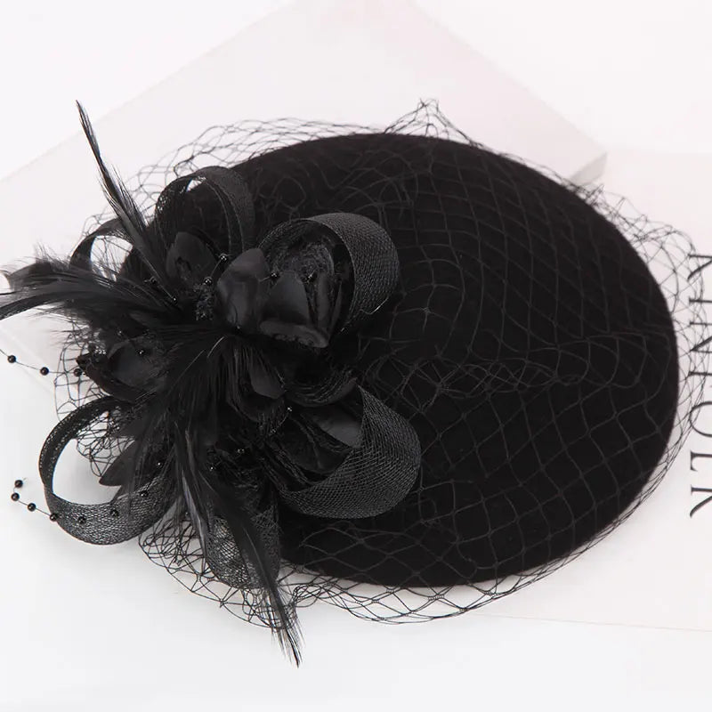 H297 Women's Hat Elegant Flower Gauze Mesh Wool Cap