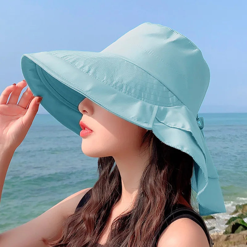 Women's Summer Hat for The Sun Wide Brim UV Neck Protection Solar Beach Bucket Hats