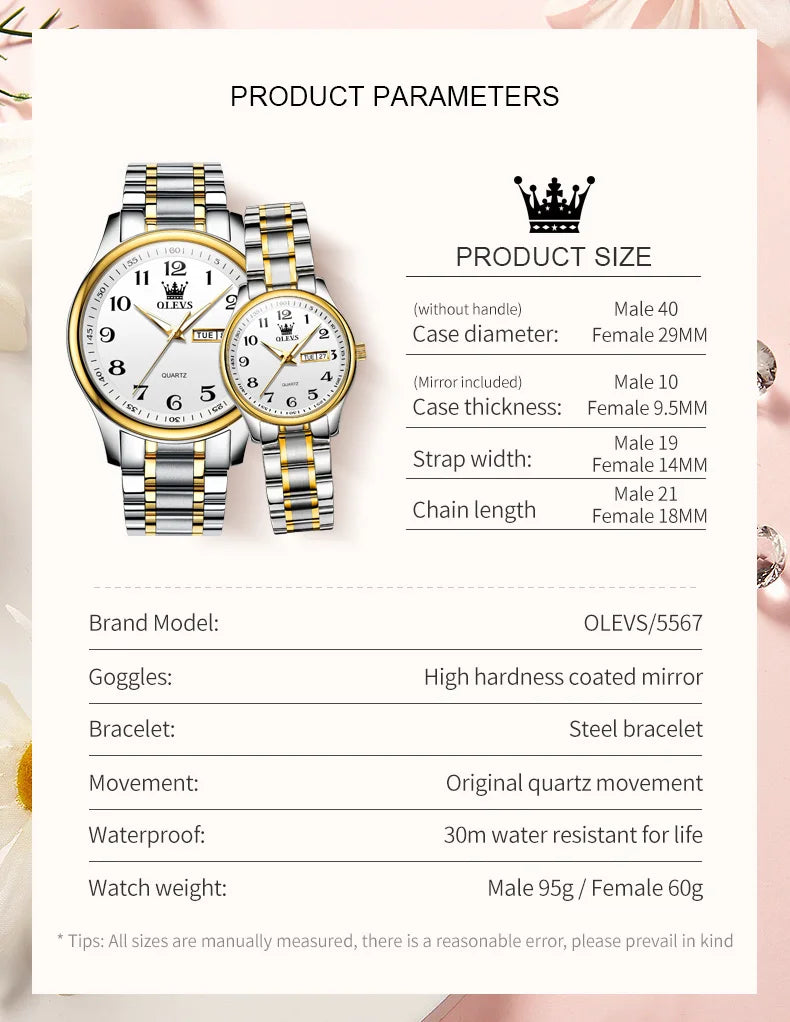 OLEVS Couple Watch Set Elegant Stainless-Steel Watch Luminous Waterproof