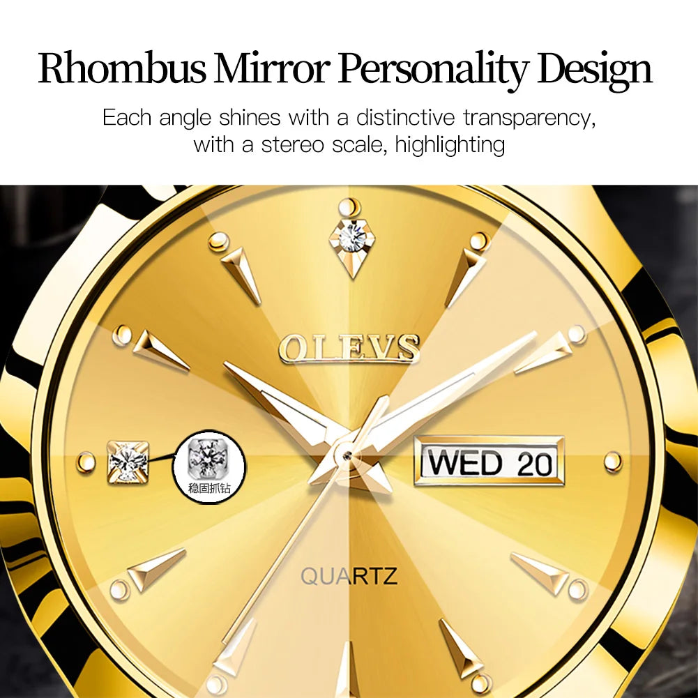 OLEVS Original Gold Couple Watch Elegant Rhombus Mirror Luxury