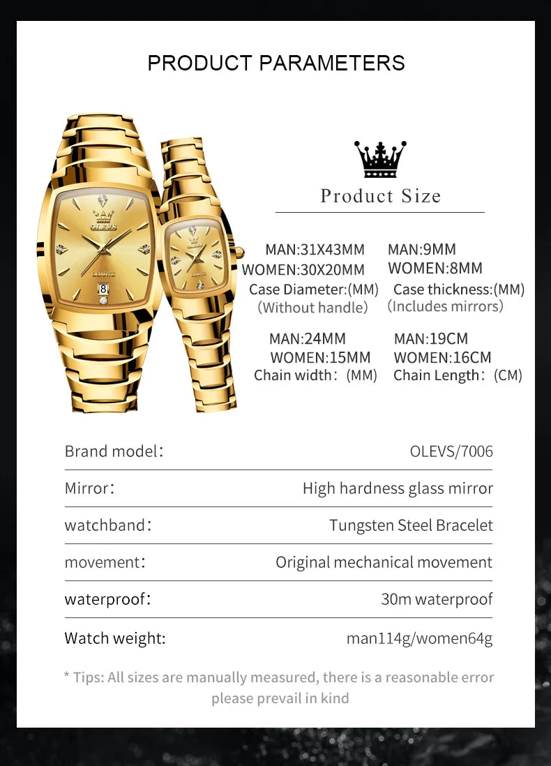 OLEVS 7006 Original Quartz Watch for Couple Tungsten steel Diamond Gold Watch Waterproof