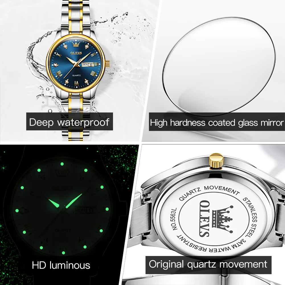 OLEVS New In Gold Watch for Women Men Quartz Watch Double Calendar