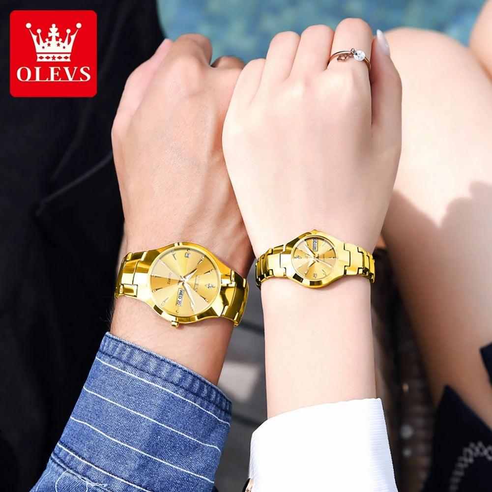 OLEVS Original Gold Couple Watch Elegant Rhombus Mirror Luxury