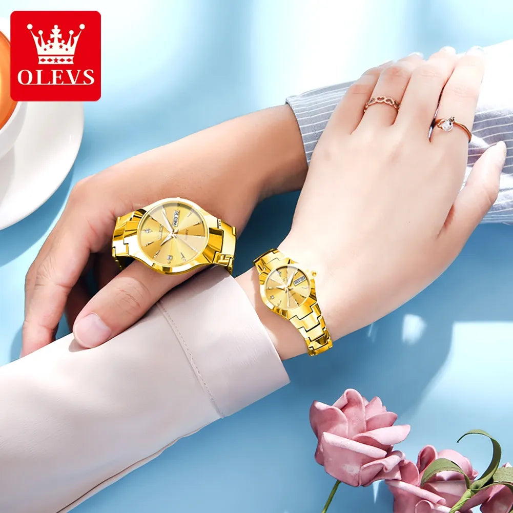 OLEVS Original Gold Couple Watch Elegant Rhombus Mirror Luxury