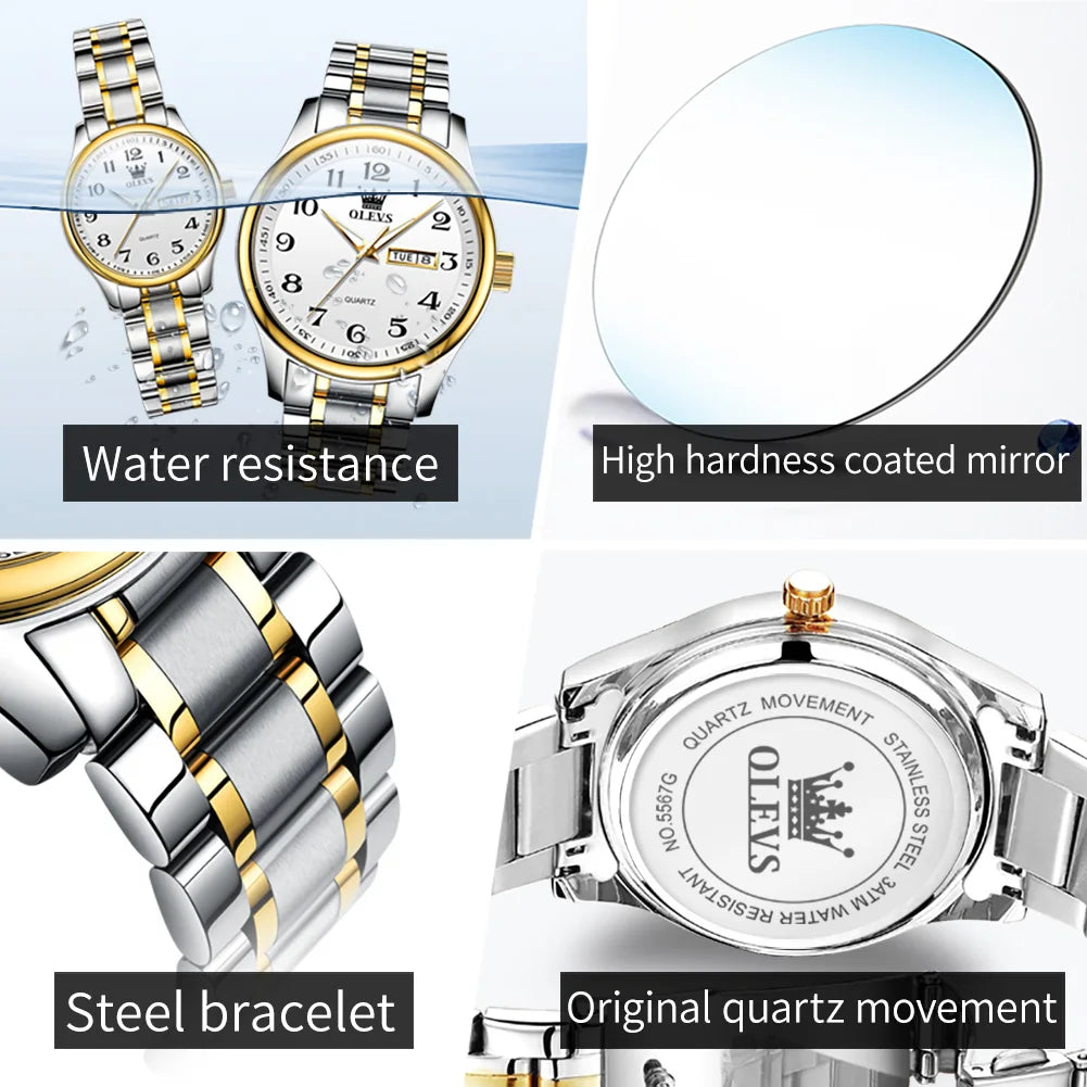OLEVS Couple Watch Set Elegant Stainless-Steel Watch Luminous Waterproof