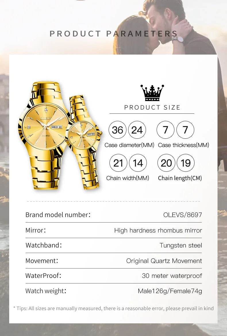 OLEVS Original Gold Couple Watch Elegant Rhombus Mirror Luxury