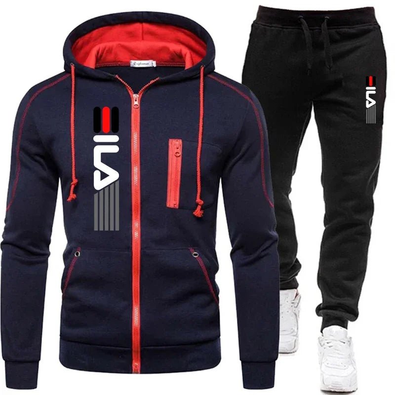 New Solid Men's Zipper Jacket Hooded Pullover + Sweatpants Sports Casual