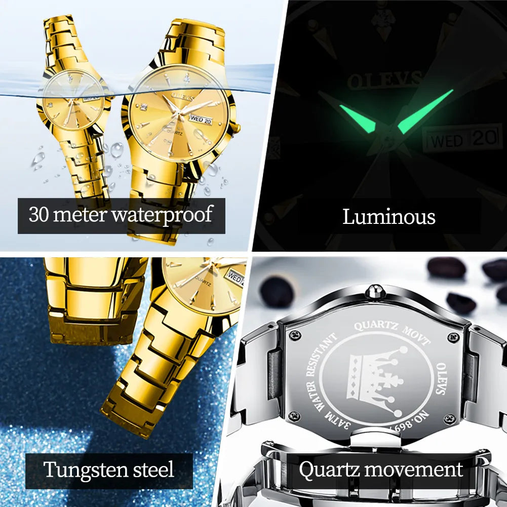 OLEVS Original Gold Couple Watch Elegant Rhombus Mirror Luxury