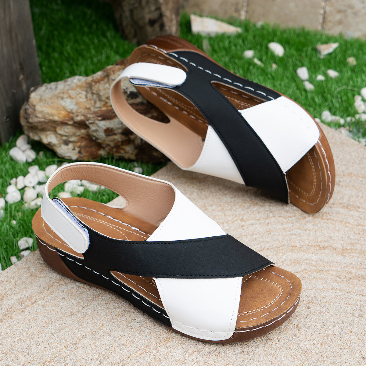 Summer Wedges Sandals with Colorblock Cross-strap Design