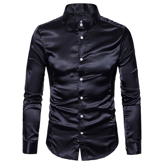 Men's Casual Fashion Shiny Long-Sleeved Lapel Shirt