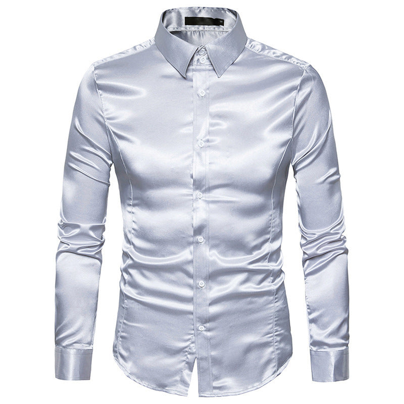 Men's Casual Fashion Shiny Long-Sleeved Lapel Shirt