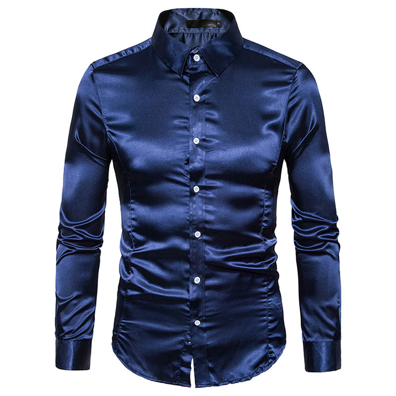 Men's Casual Fashion Shiny Long-Sleeved Lapel Shirt