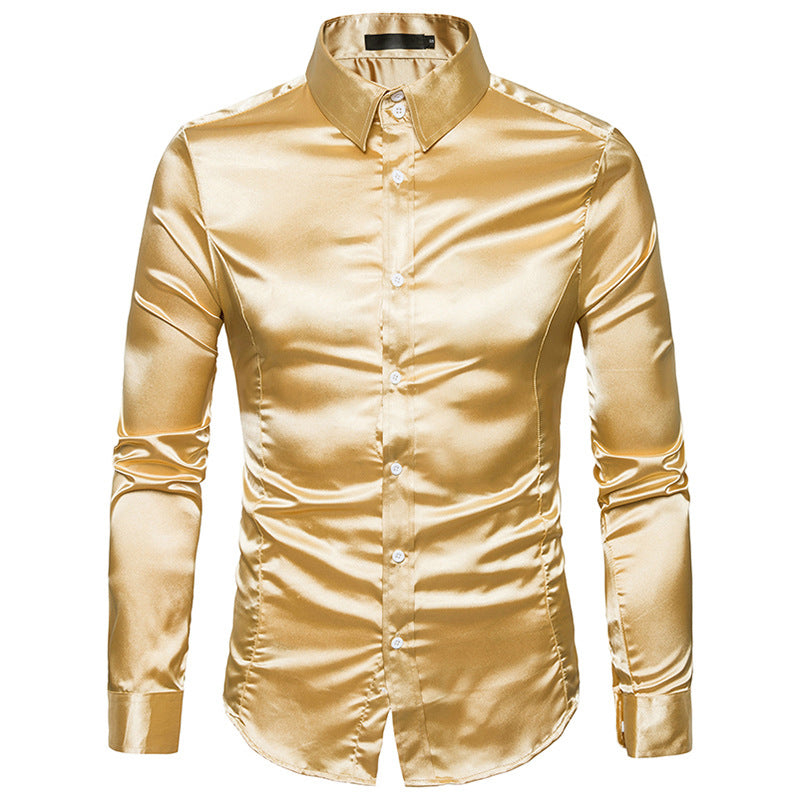 Men's Casual Fashion Shiny Long-Sleeved Lapel Shirt