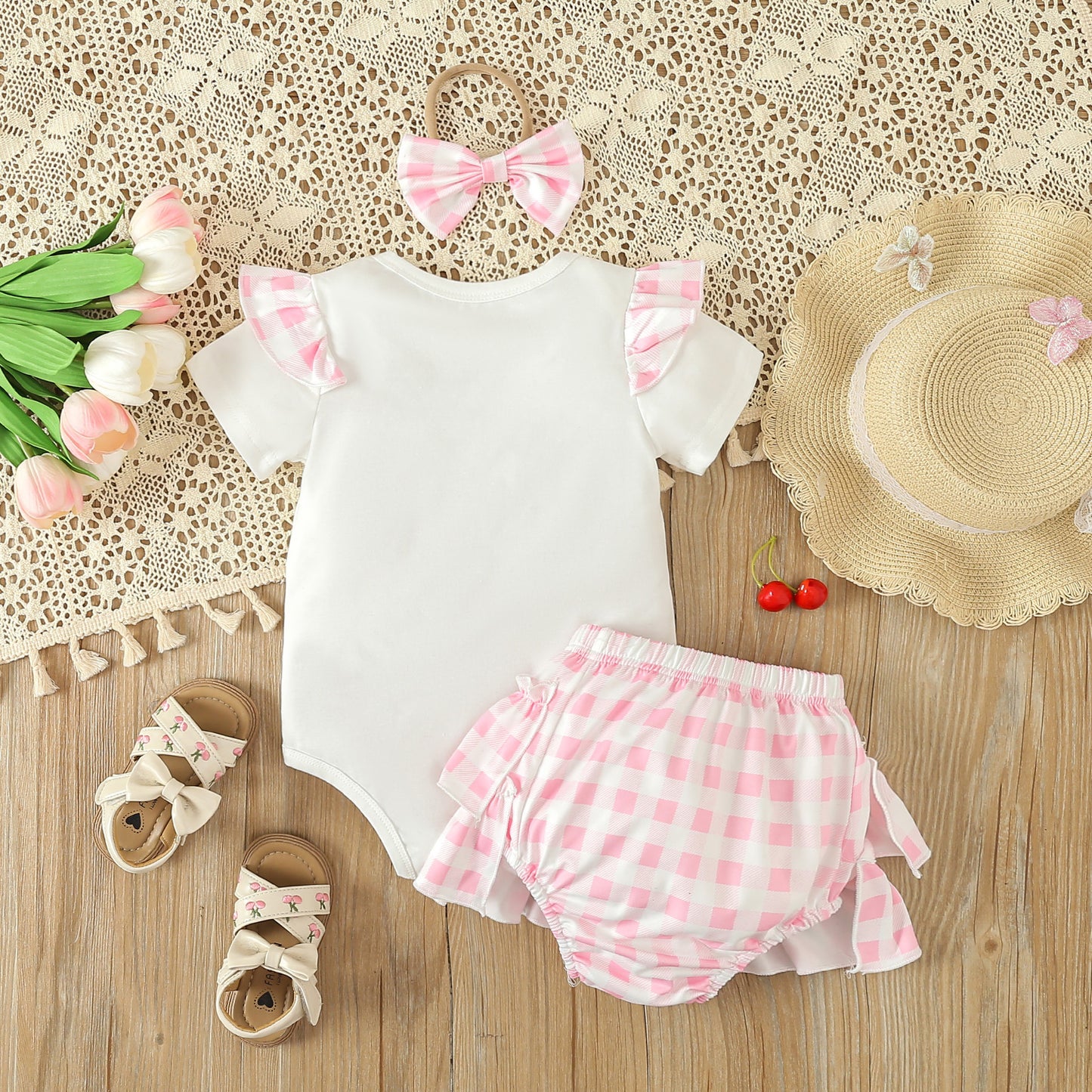 Girls Summer Letter T-shirt Plaid Short Skirt Three Piece Set