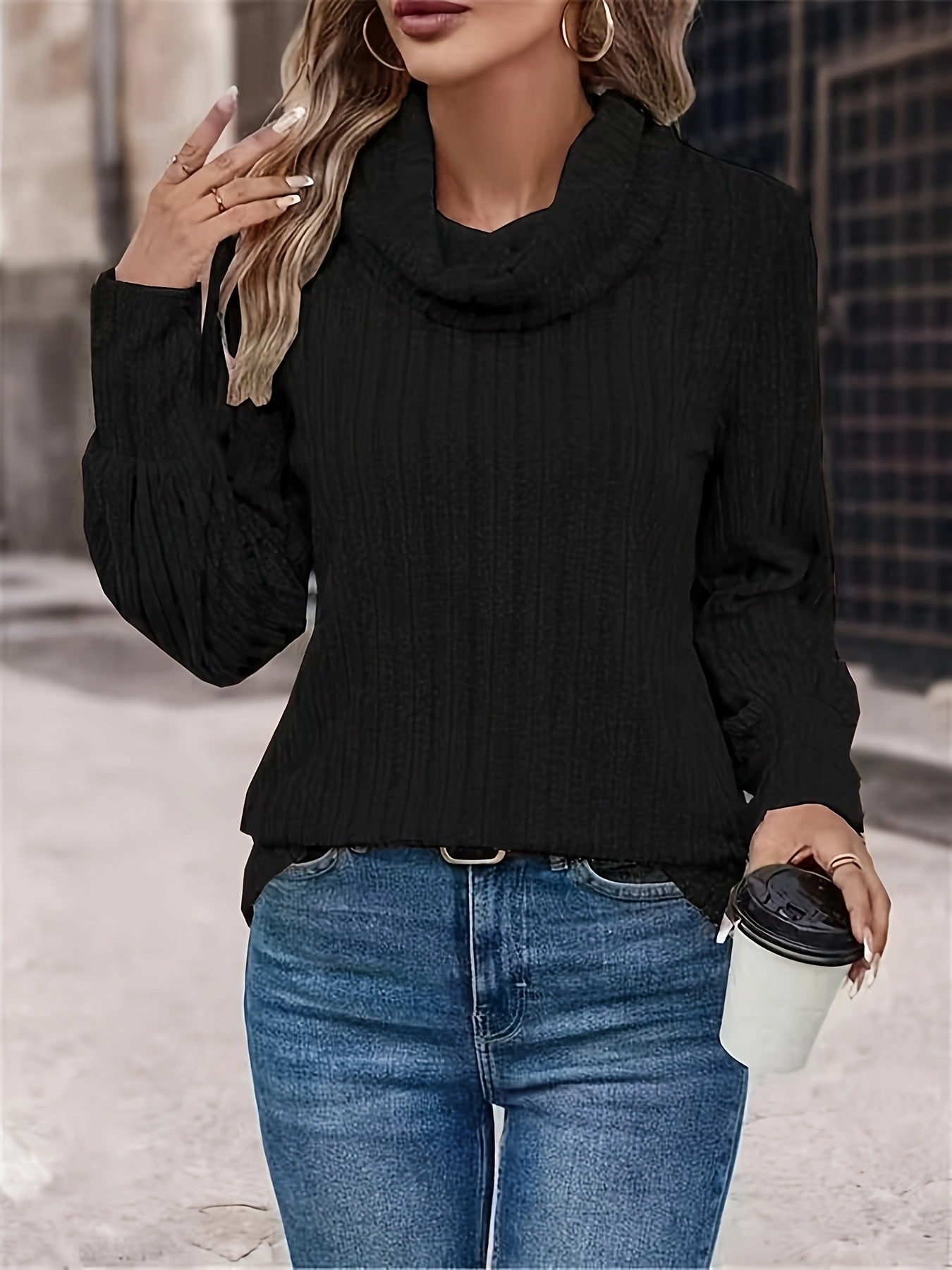 Casual Solid Color, High Collar Warm, Long Sleeve for women.