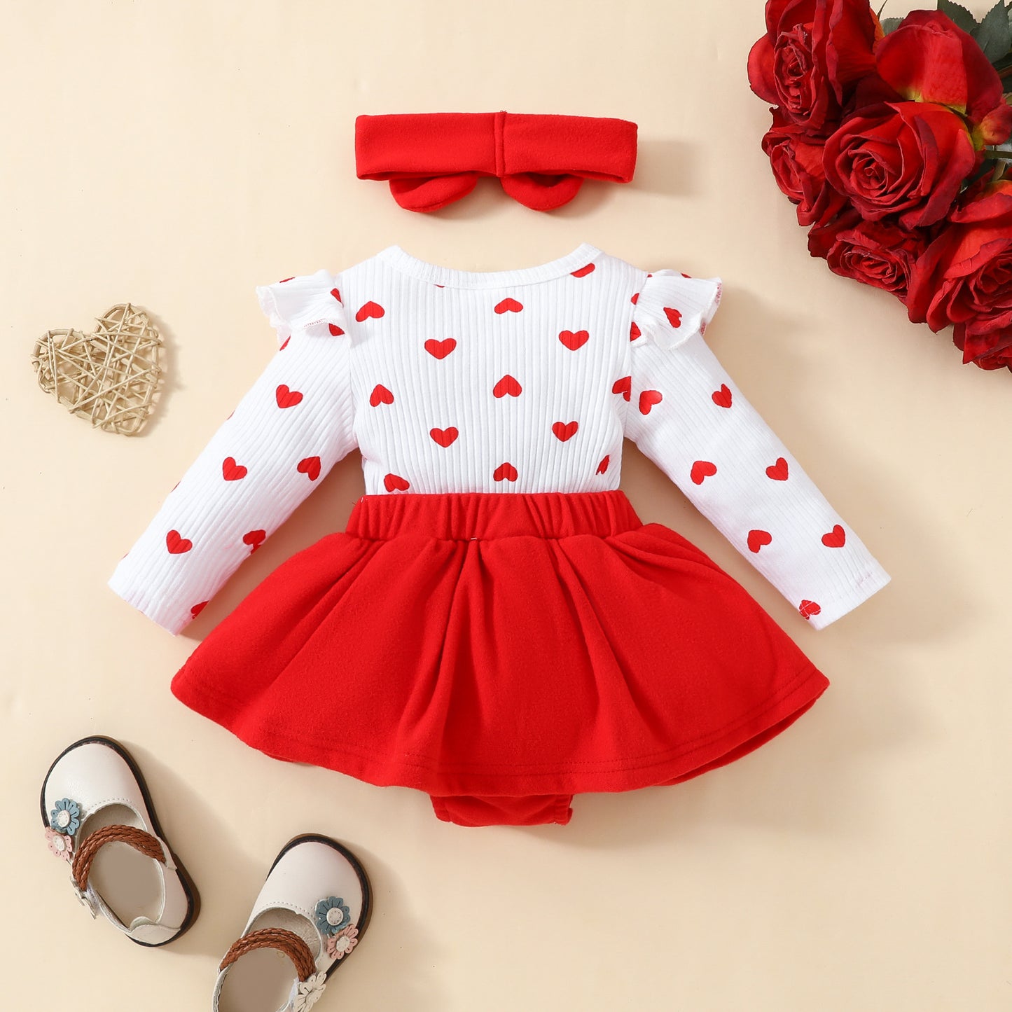 Baby Valentine's Day Long Sleeve Big Love Embroidered Fake Suspenders Triangle Sweet Romper Girl