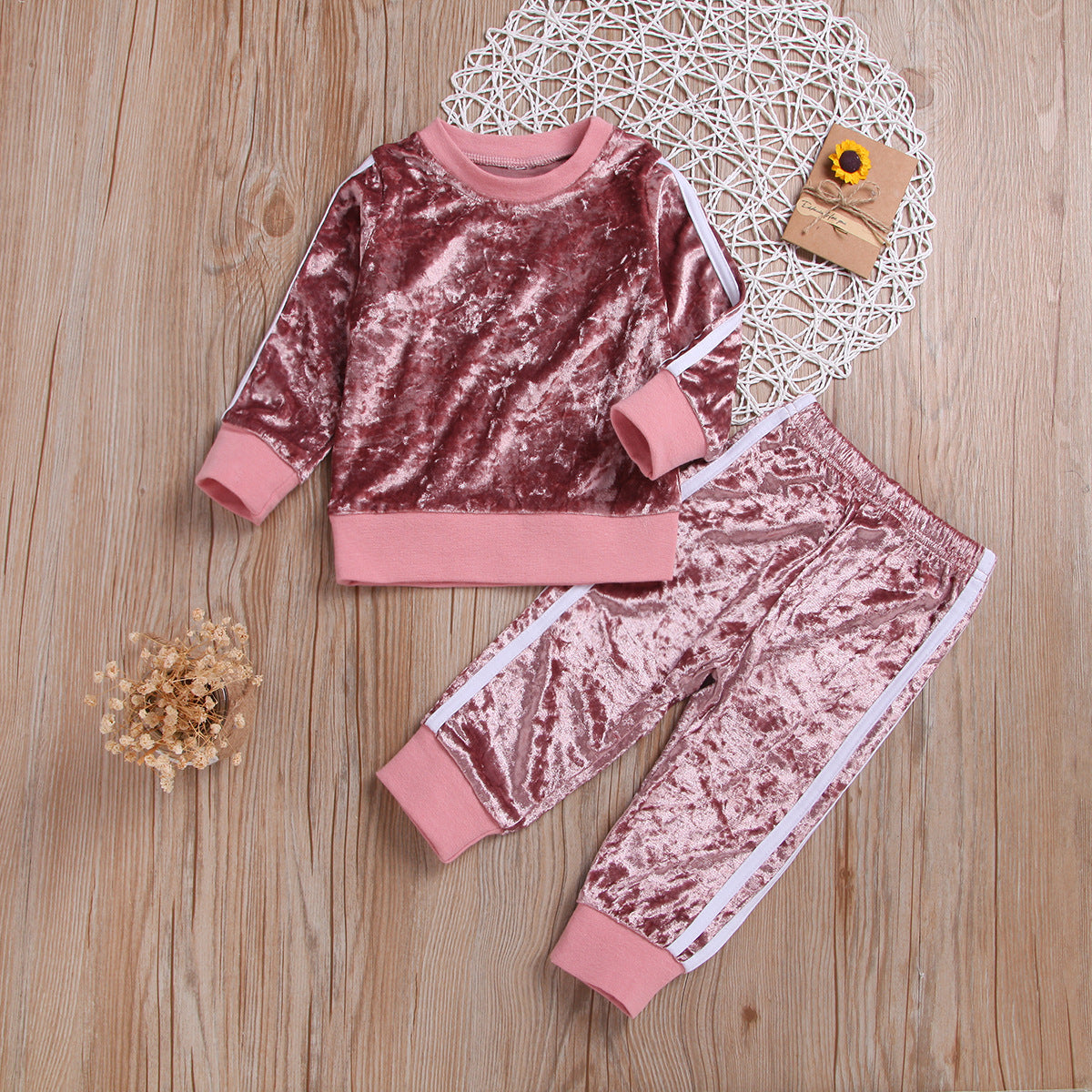 Breathable Clothes Set Cute Fashion O-Neck Long Sleeve Gold Velvet Sweatshirt Trousers