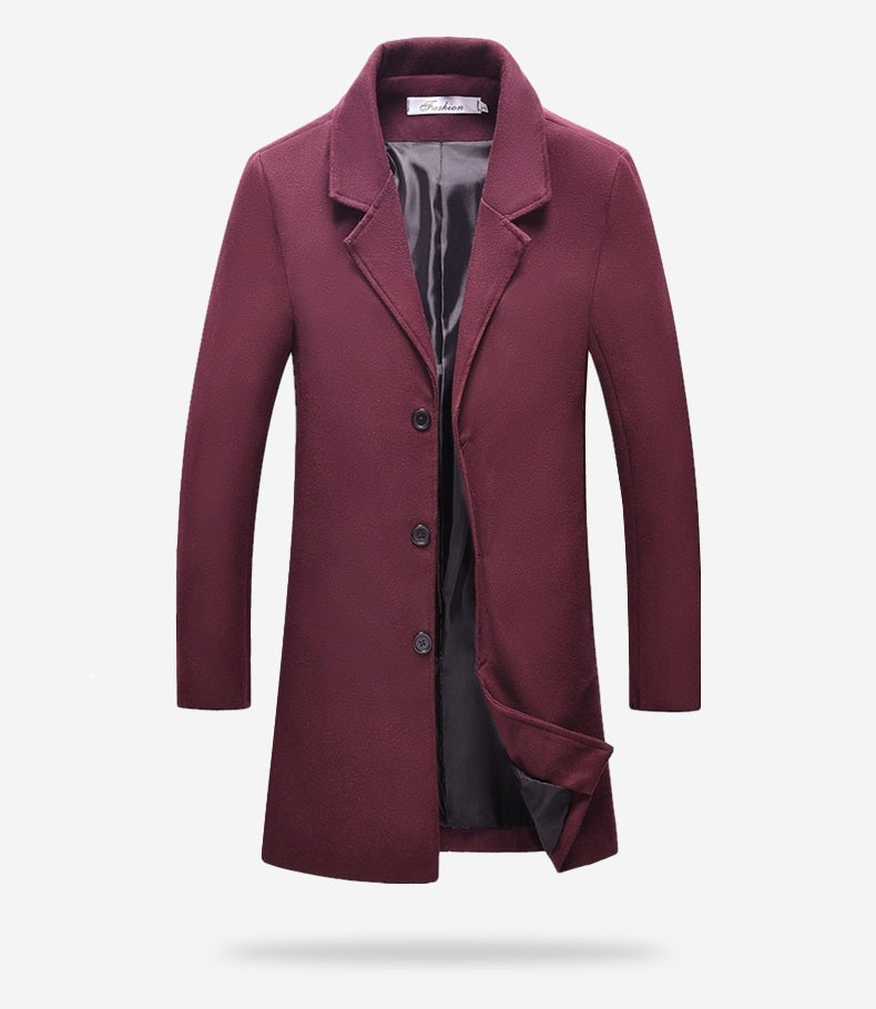 Woolen solid color trench Men's coat