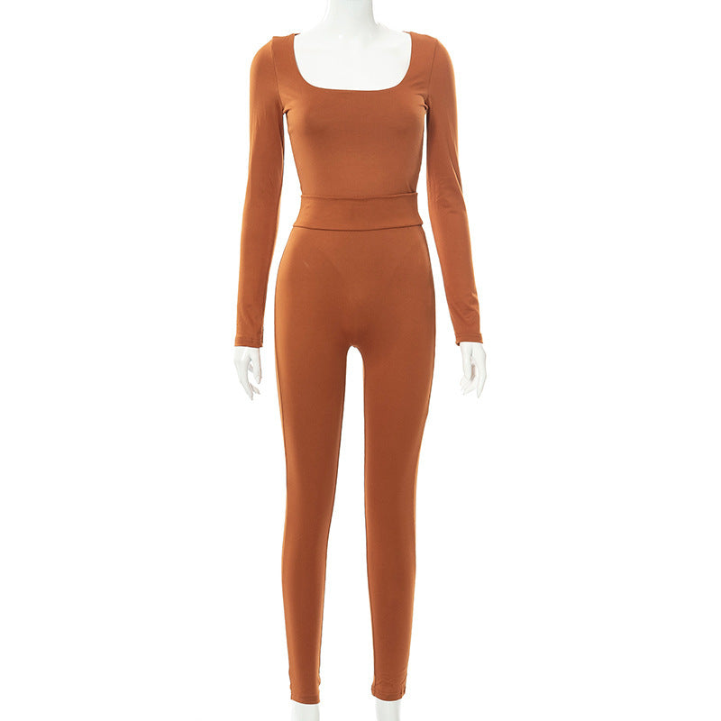 Fall New Solid Color Low Cut Long Sleeved Jumpsuit