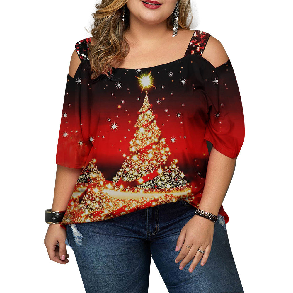 Women's Christmas Tree Print Off-shoulder, Short Sleeve