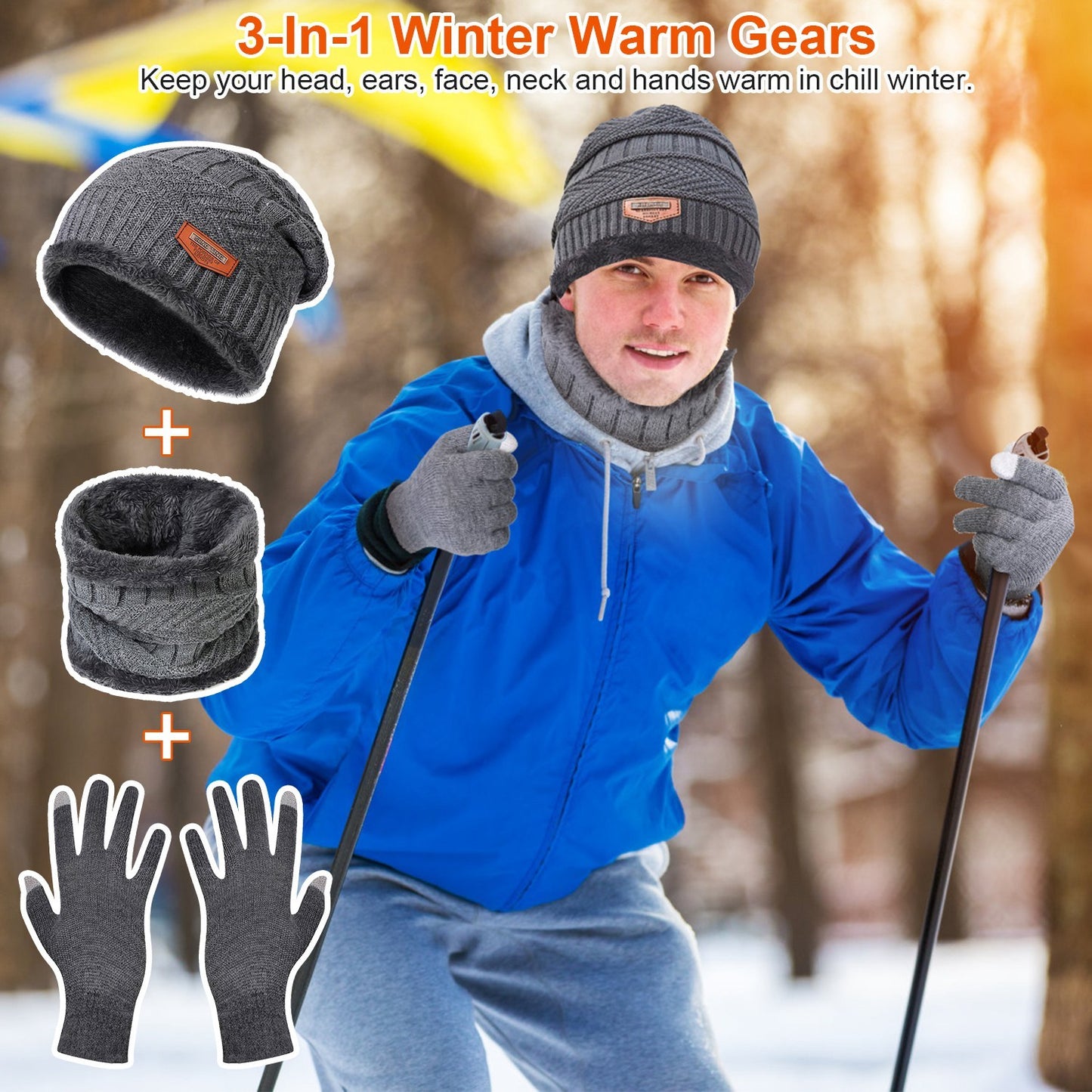 3Pcs Winter Knitted Hat Scarf Gloves Winter Warm Beanie and Touch Screen Glove