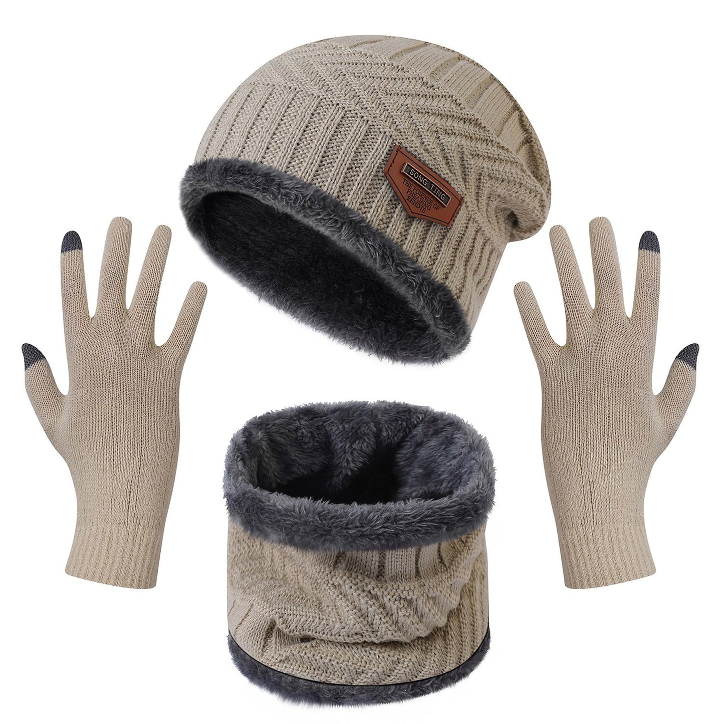 3Pcs Winter Knitted Hat Scarf Gloves Winter Warm Beanie and Touch Screen Glove