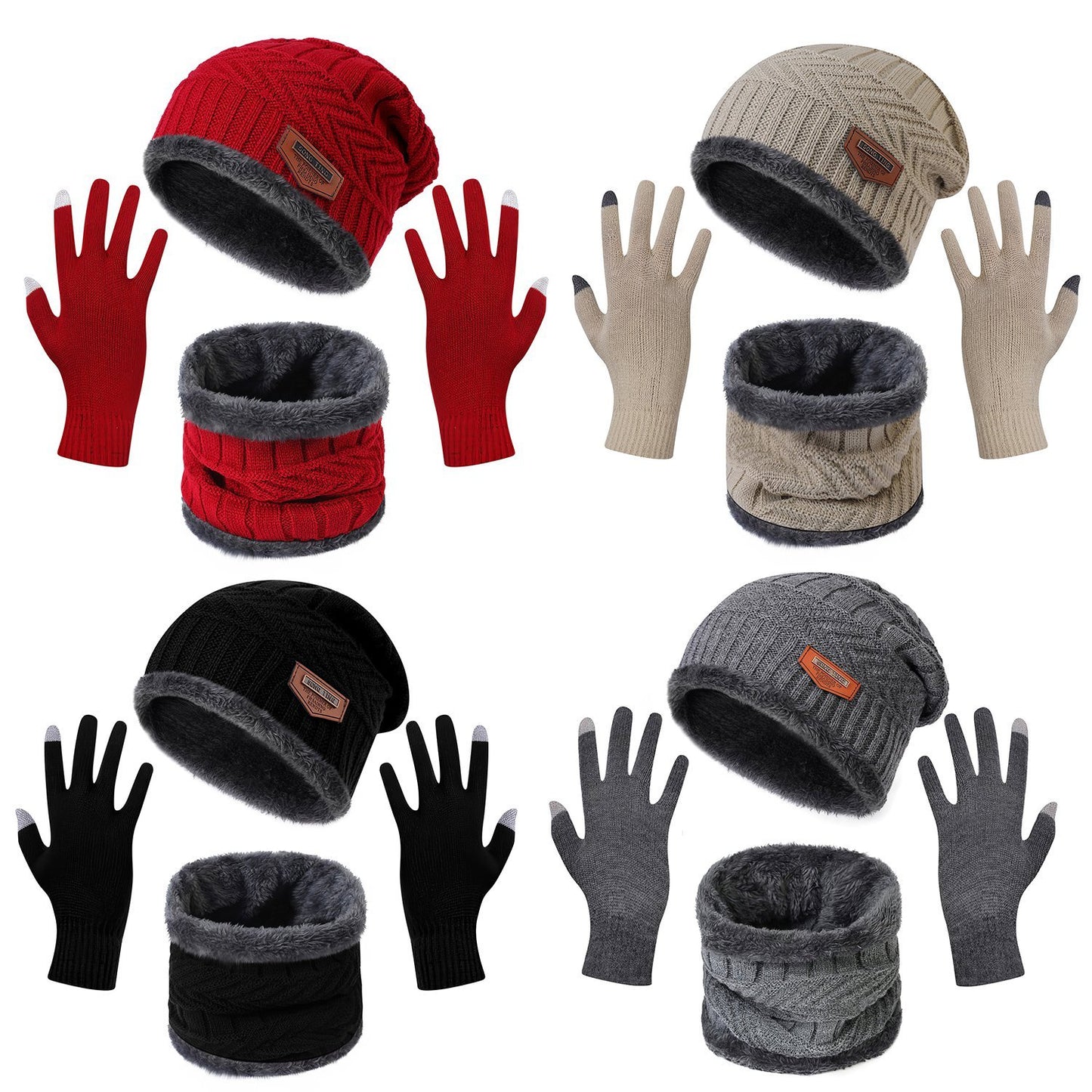 3Pcs Winter Knitted Hat Scarf Gloves Winter Warm Beanie and Touch Screen Glove