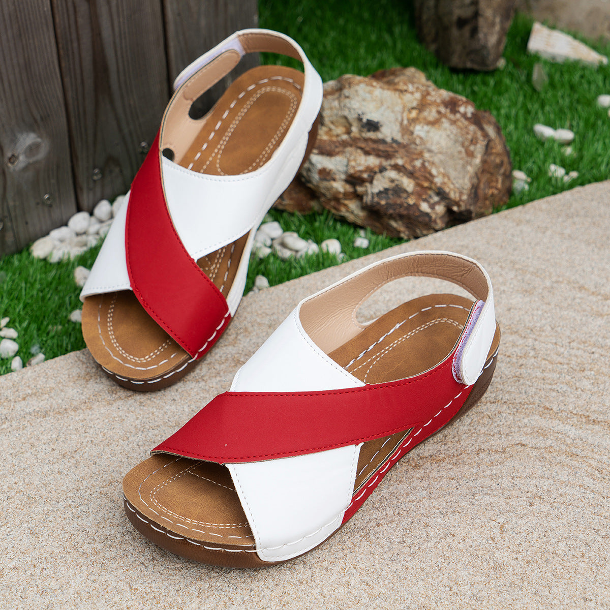 Summer Wedges Sandals with Colorblock Cross-strap Design