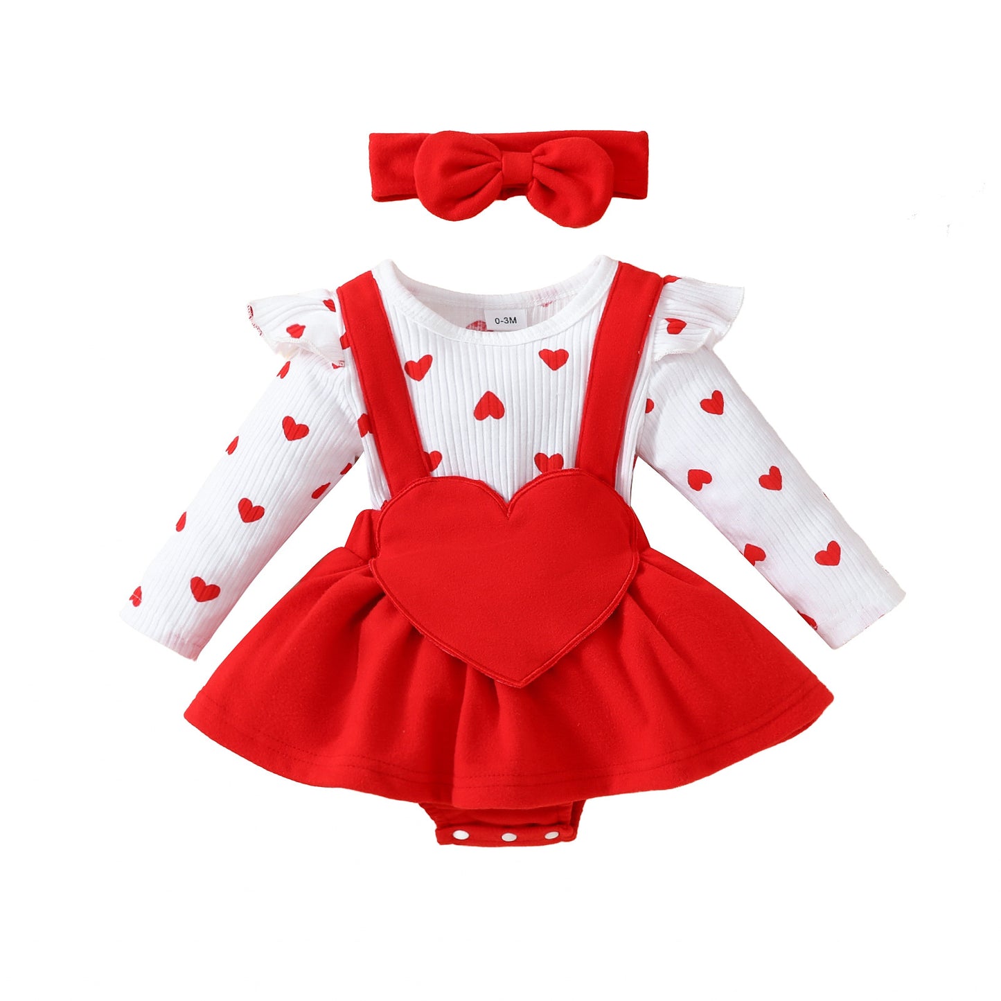 Baby Valentine's Day Long Sleeve Big Love Embroidered Fake Suspenders Triangle Sweet Romper Girl