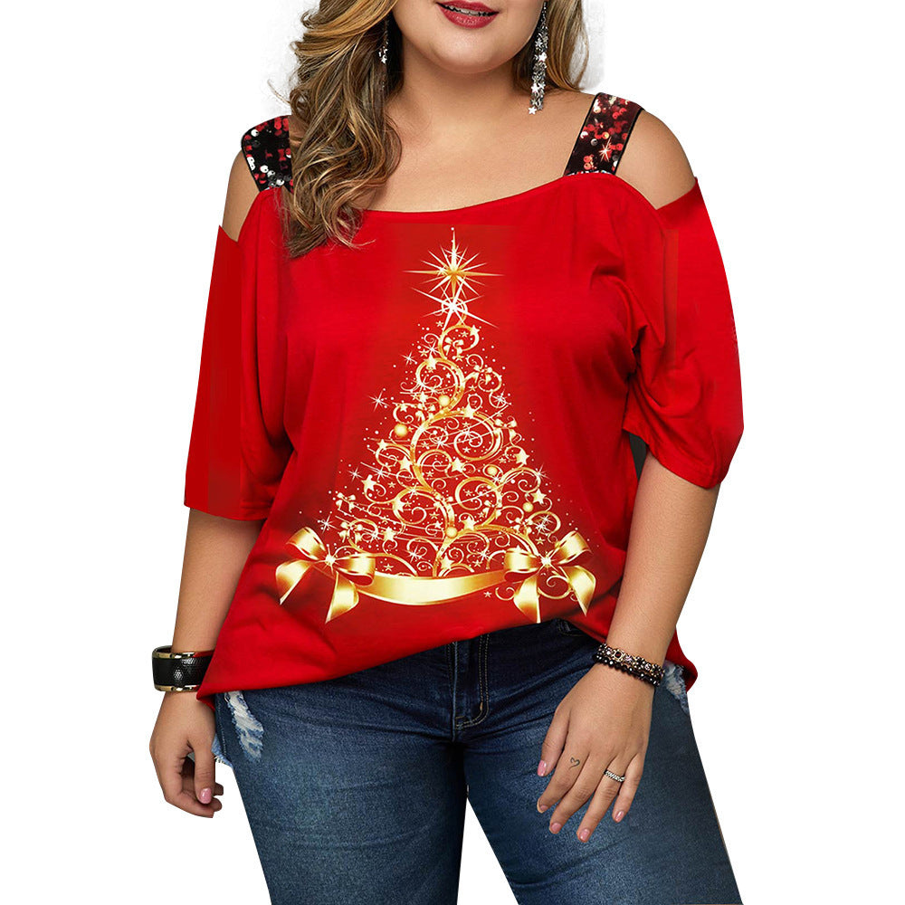 Women's Christmas Tree Print Off-shoulder, Short Sleeve