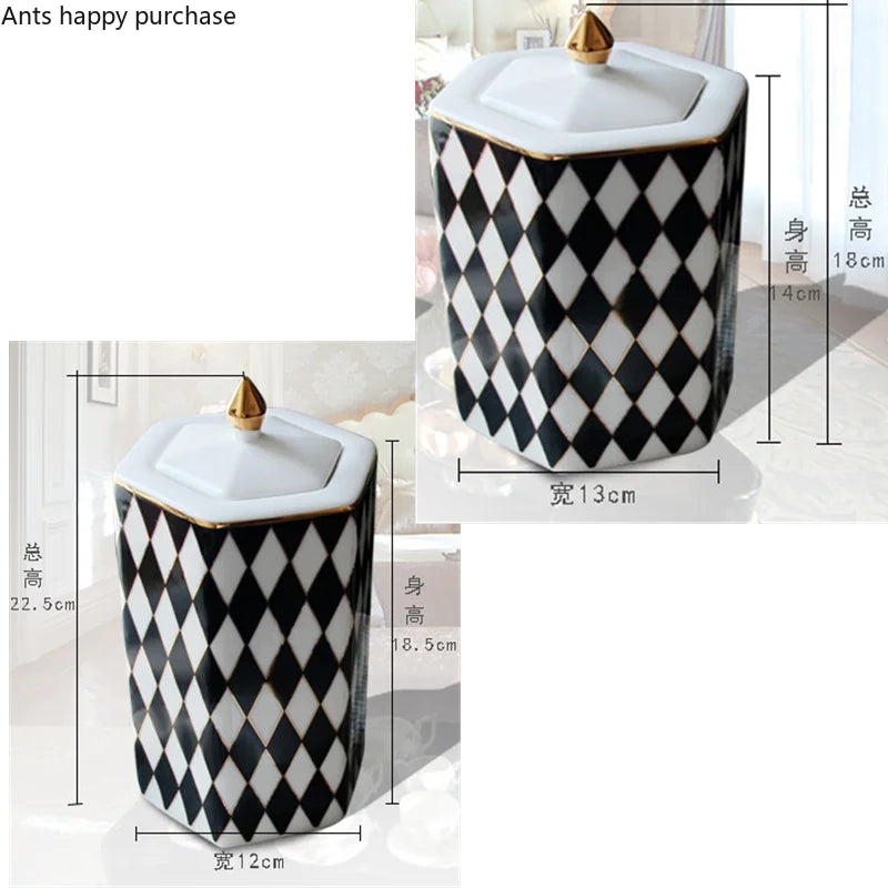 Ceramic Jar Storage Tank with Cover Geometry Black White Grid Storage Jar Candy