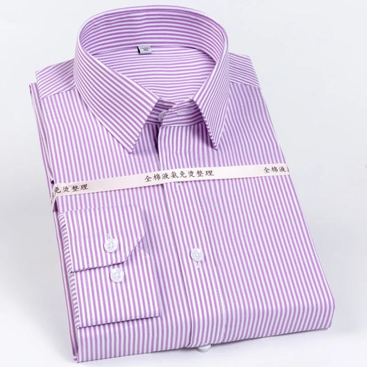 Men's Classic Striped Printed Wrinkle-Resistant Dress Shirts 100% Cotton Long-Sleeve Non-iron Shirt