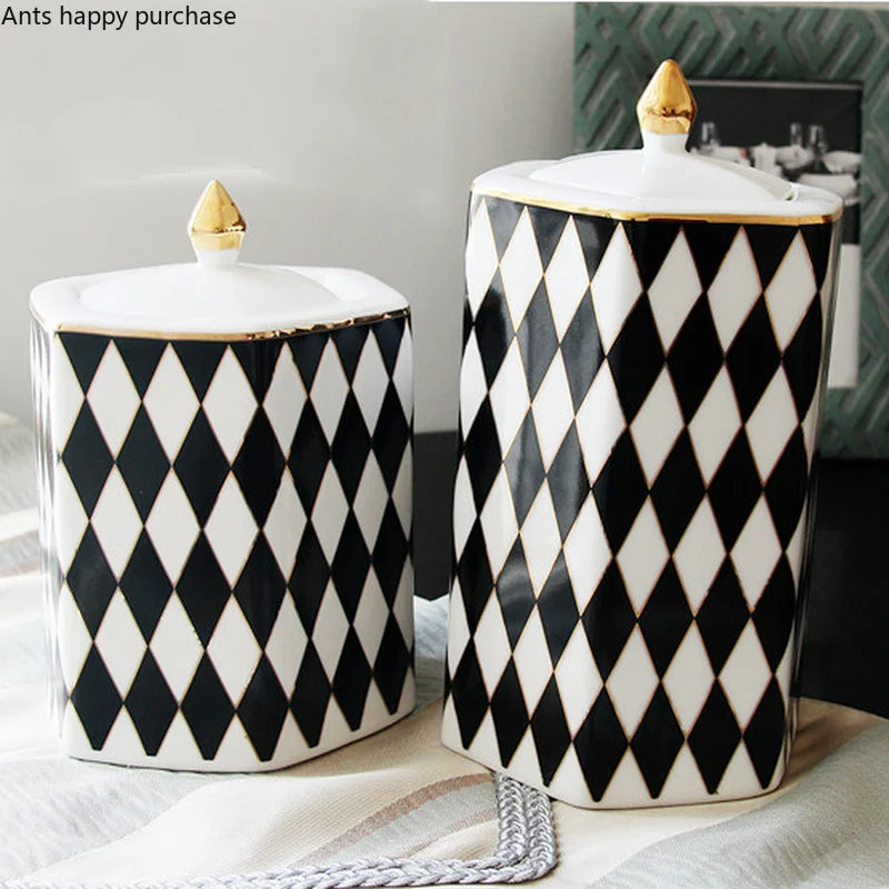 Ceramic Jar Storage Tank with Cover Geometry Black White Grid Storage Jar Candy