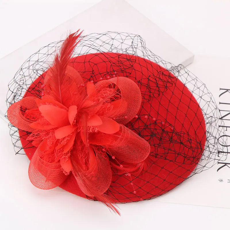 H297 Women British Retro Woolen Fedoras Hat Elegant Flower Gauze Mesh Wool Cap