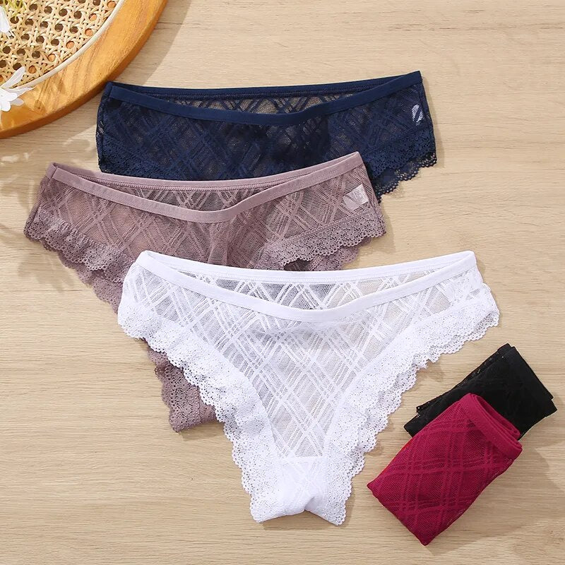 FINETOO 3Pcs/set Lace Panties Sexy Low-rise Fashion Lattice Transparent Underpants M-2XL