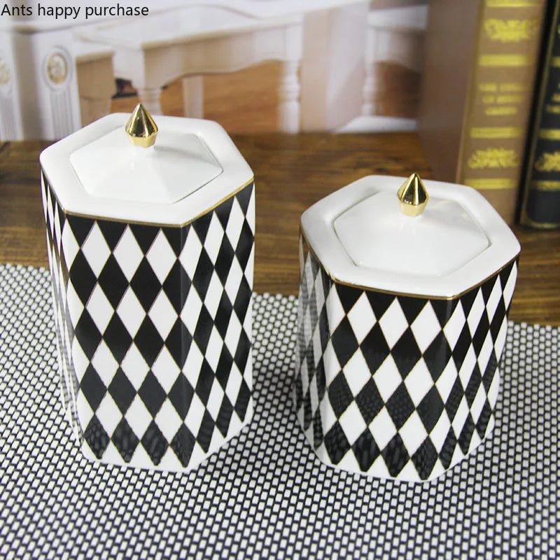 Ceramic Jar Storage Tank with Cover Geometry Black White Grid Storage Jar Candy