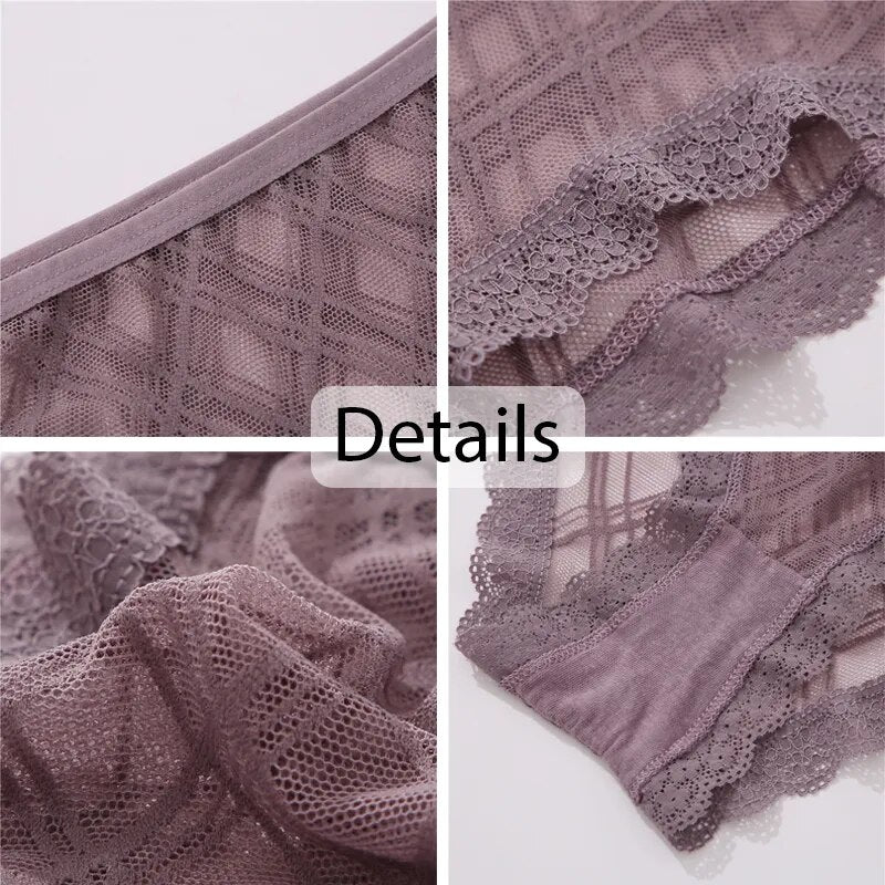 FINETOO 3Pcs/set Lace Panties Sexy Low-rise Fashion Lattice Transparent Underpants M-2XL