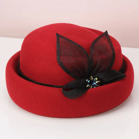 H740 Korean Vintage Wool Fedoras Hat Fall Winter Women Linen Yarn Diamond Decoration Fashion Cap