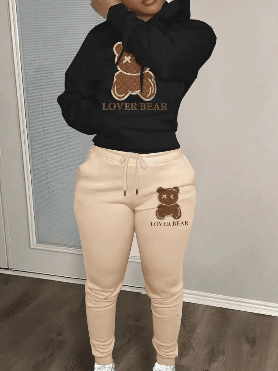 LW Lovely Bear Letter Print Kangaroo Pocket Tracksuit Set Long Sleeve