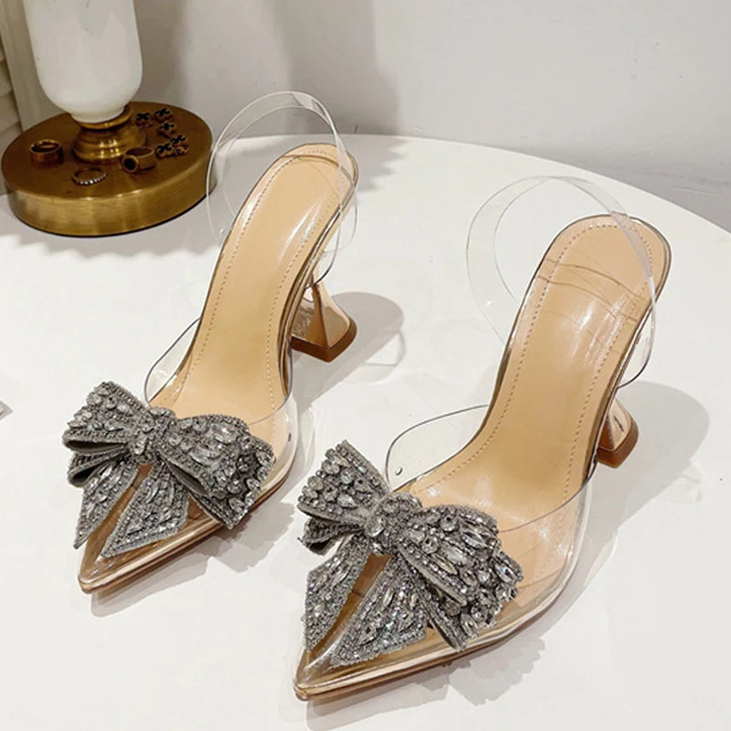 Liyke Fashion Crystal Sequined Bowknot Women Pumps Sexy Pointed Toe Shoes