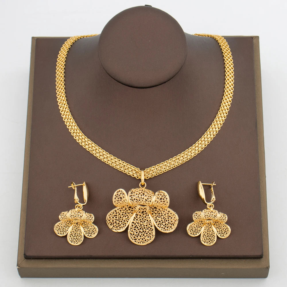 Gold Plated Jewelry Set for Women Bohemia Flower Design Earrings and Pendant Necklace