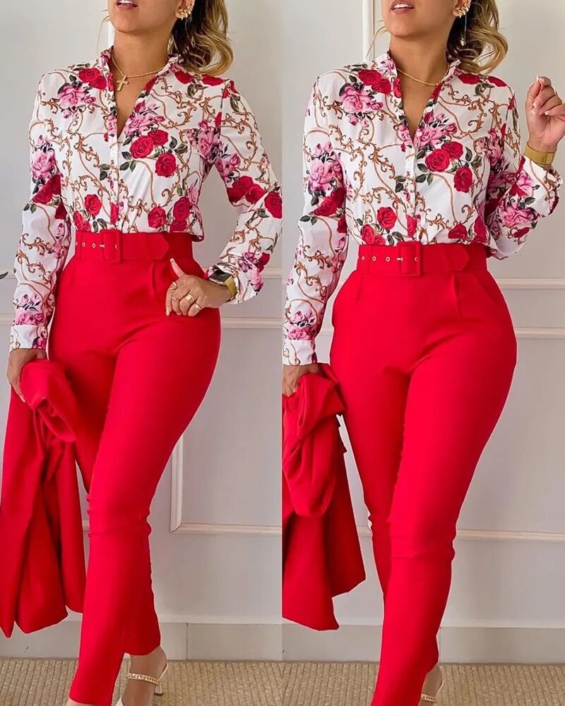 Casual Long Sleeve Shirt Pants Set Office Lady Fashion 2023