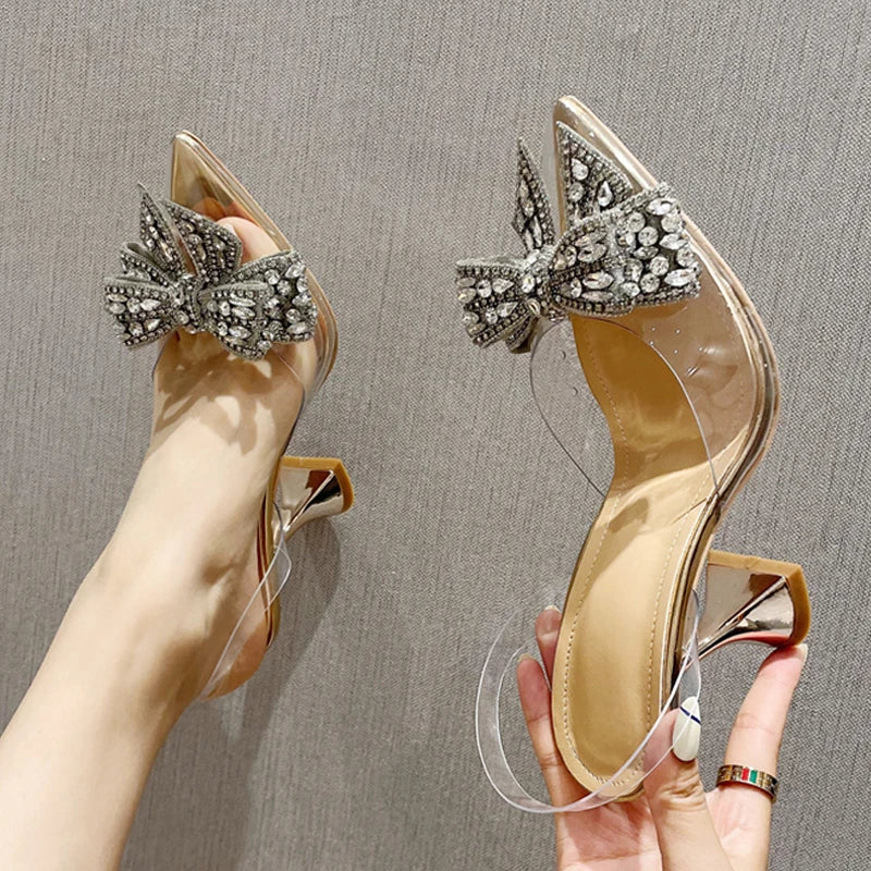 Liyke Fashion Crystal Sequined Bowknot Women Pumps Sexy Pointed Toe Shoes